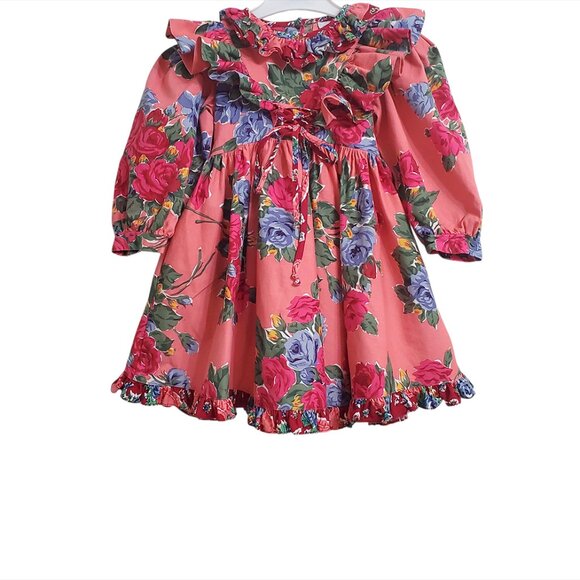 Mousefeathers Vintage Girl Toddler Dress Size 2 Floral long Sleeve Ruffles Ties - Picture 2 of 12